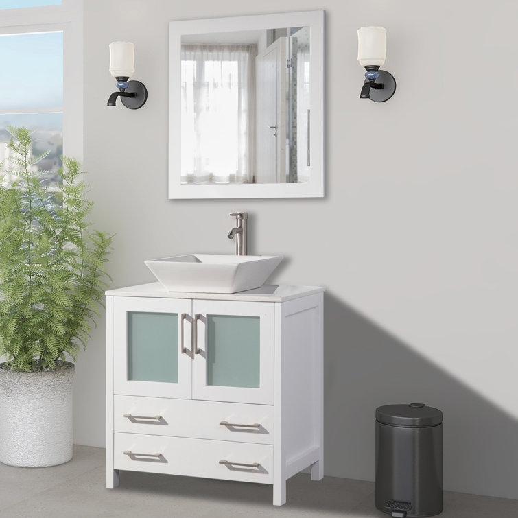 Monica Espresso Bathroom Vanity Set With Mirror And Glass Sink
